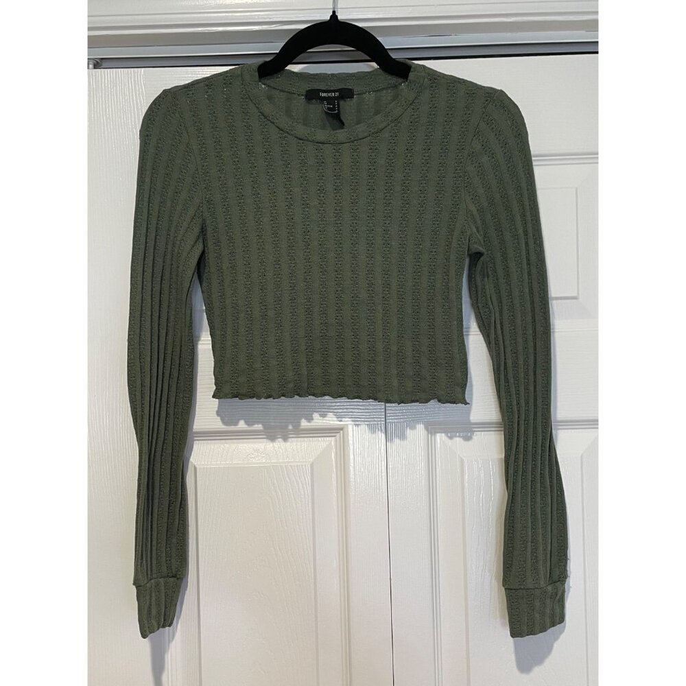 Vtg Y2K Forever21 Long Sleeve Pointelle Crop Top Size S Lettuce Hem Indie Grunge - Picture 2 of 11